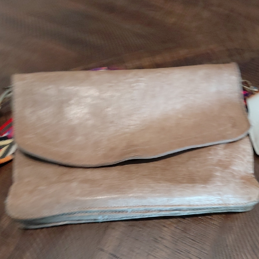 Leather Crossbody Bag with Colorful Adjustable Strap - Tan - Picture 4 of 6